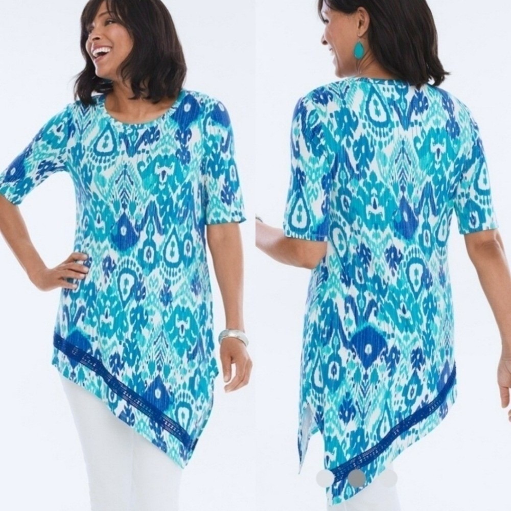 Chico's Sharkbite Hem Ikat Print Tunic Top Womens Blue Turquoise Size 1 M